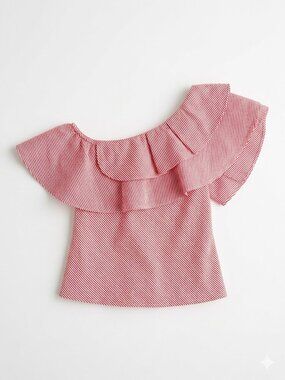 Gracia One Shoulder Ruffle Top S Red White Striped Statement Fourth of July